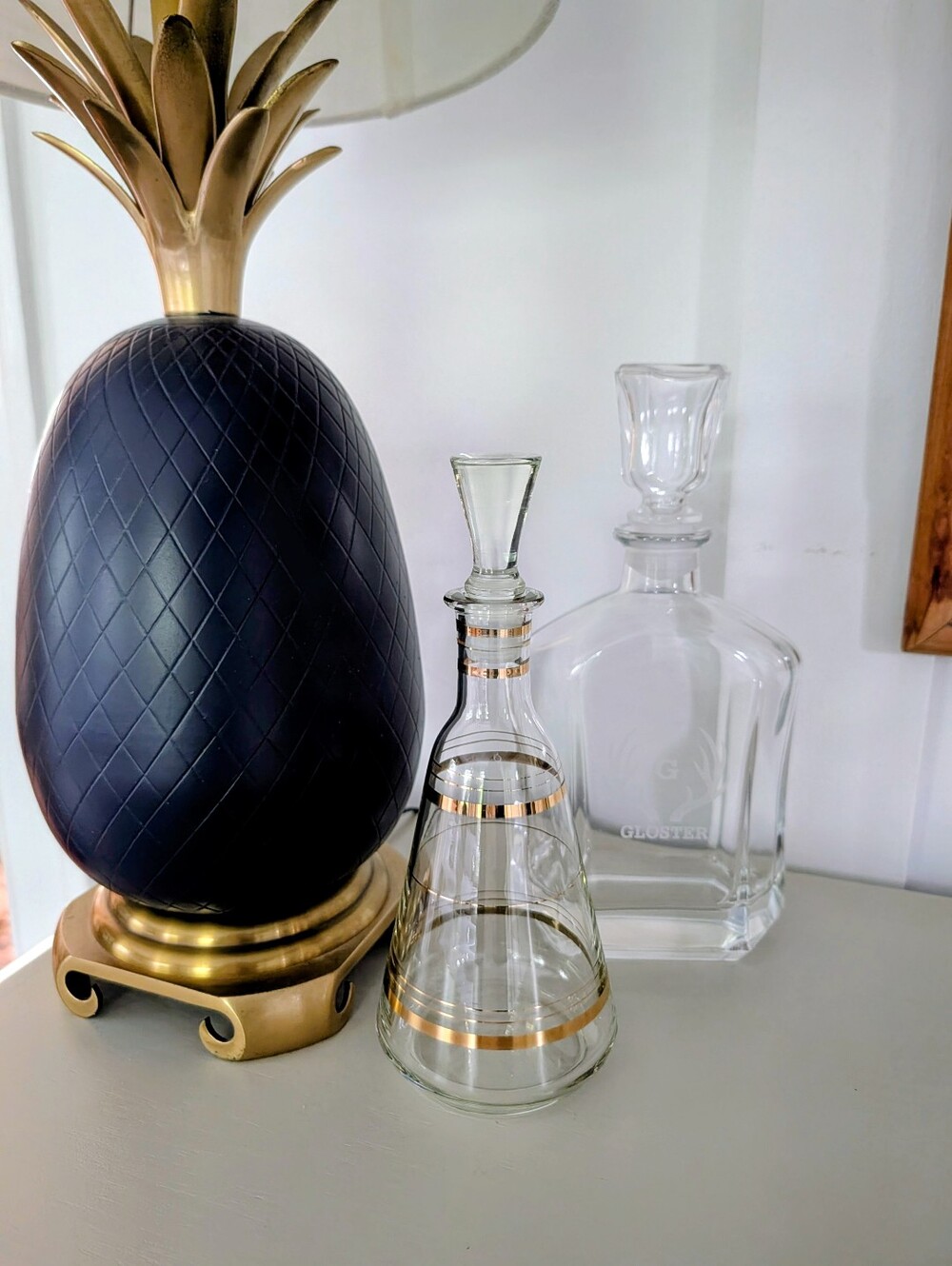 Vintage MCM Handblown Glass Decanter With Gilt Gold Rings Container With Stopper